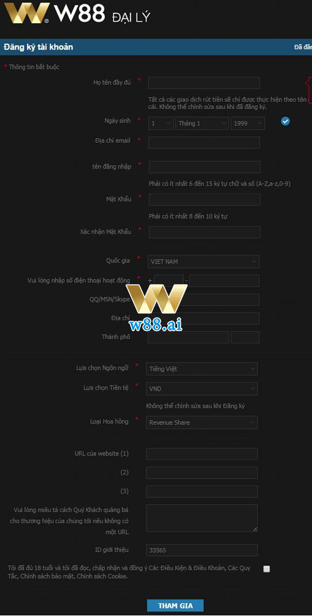 Biểu mẫu đăng ký tài khoản để trở thành đại lý của W88