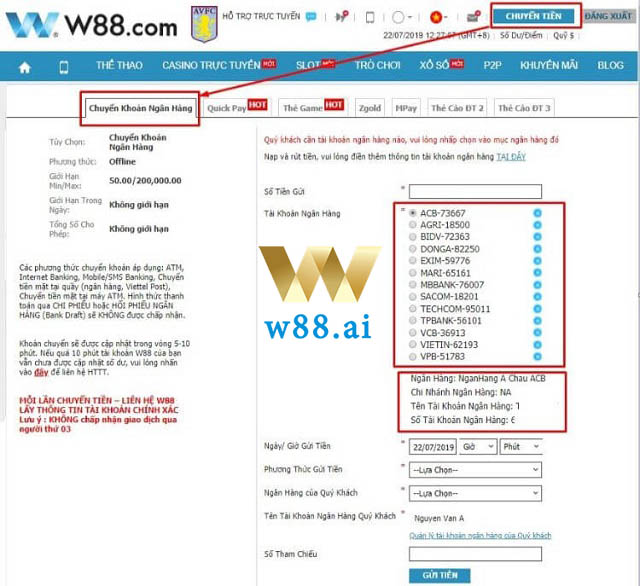 Biểu mẫu nạp tiền vào tài khoản W88
