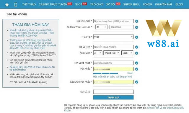 Biểu mẫu tạo tài khoản đánh bài W88