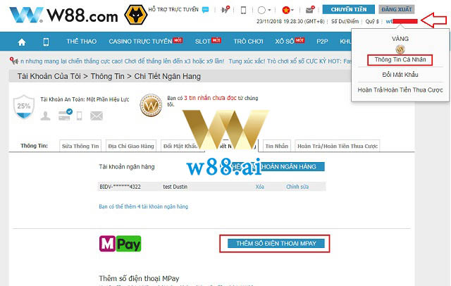 Cách thức nạp tiền vào tài khoản W88 bằng Mpay trên PC