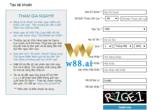 Đăng ký tài khoản W88