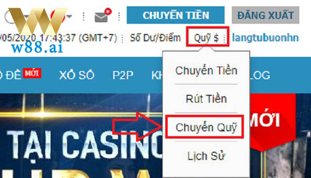 Giao diện chọn Chuyển quỹ