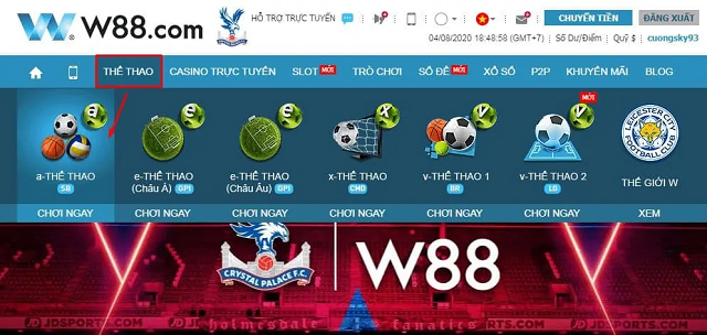 Trên giao diện W88 chọn Thể Thao