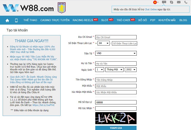Biểu mẫu đăng ký tài khoản W88