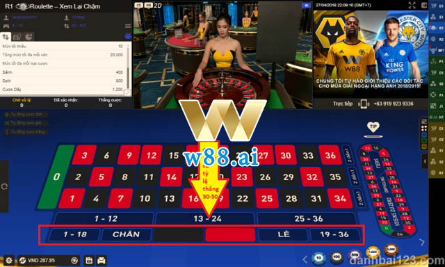 Kéo chíp cược trên bàn chơi Roulette W88 để đặt cược