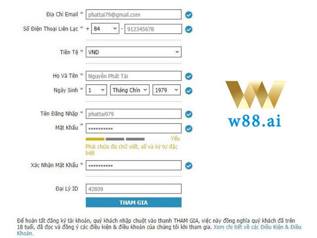 Biểu mẫu điền thông tin đăng ký để chơi cá cược tại W88HCM