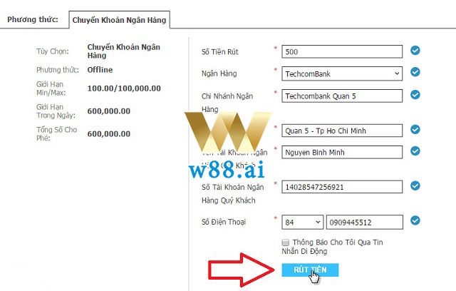 Biểu mẫu điền thông tin rút tiền